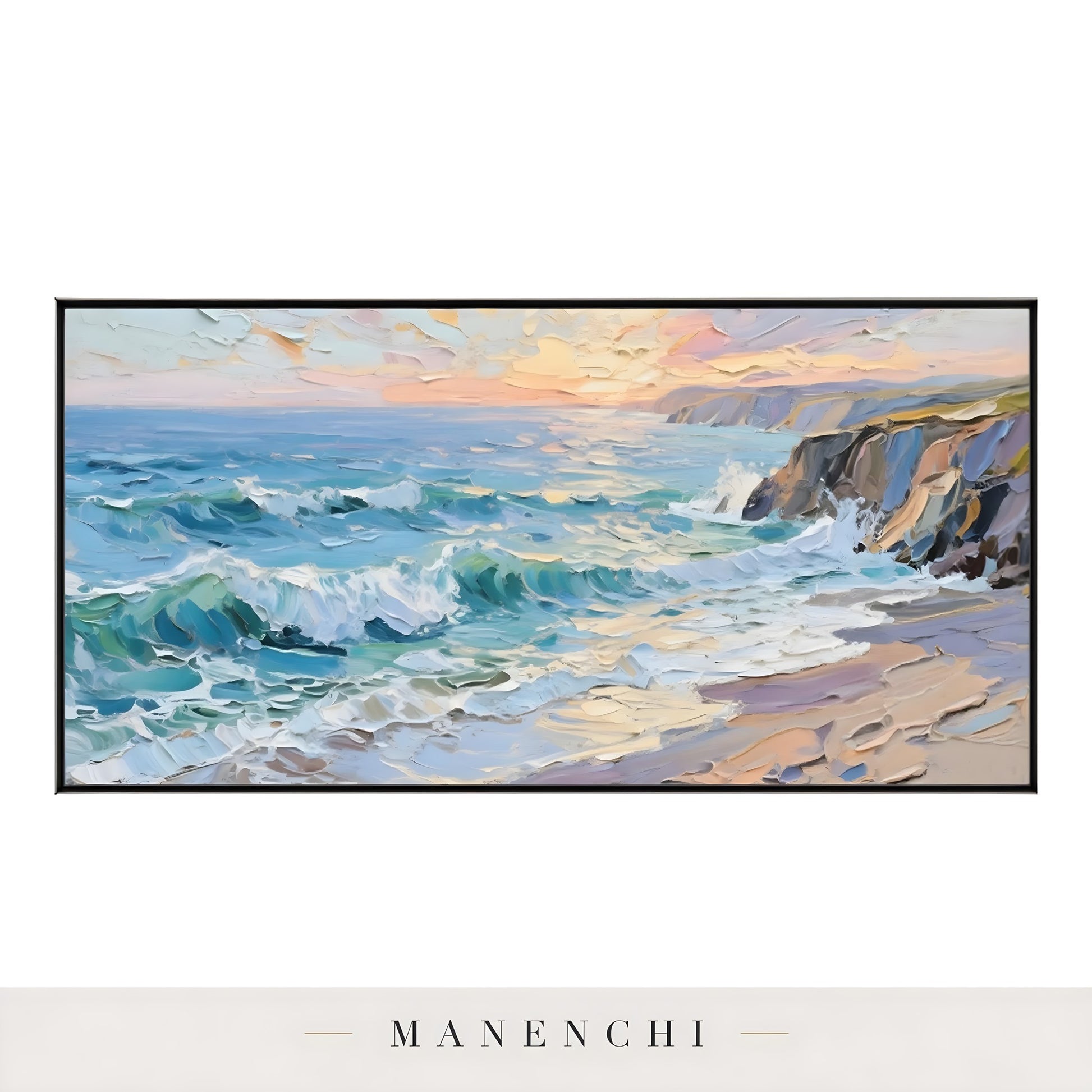 Azure Twilight Tide abstract painting displayed in framed canvas painting