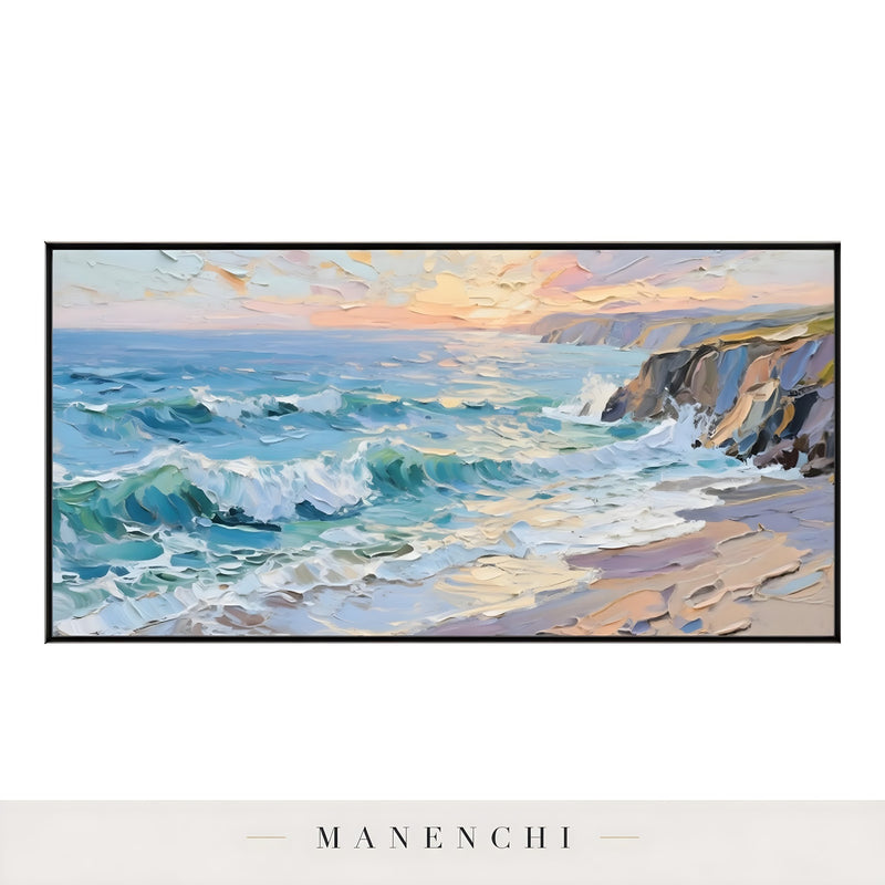 Azure Twilight Tide abstract painting displayed in framed canvas painting