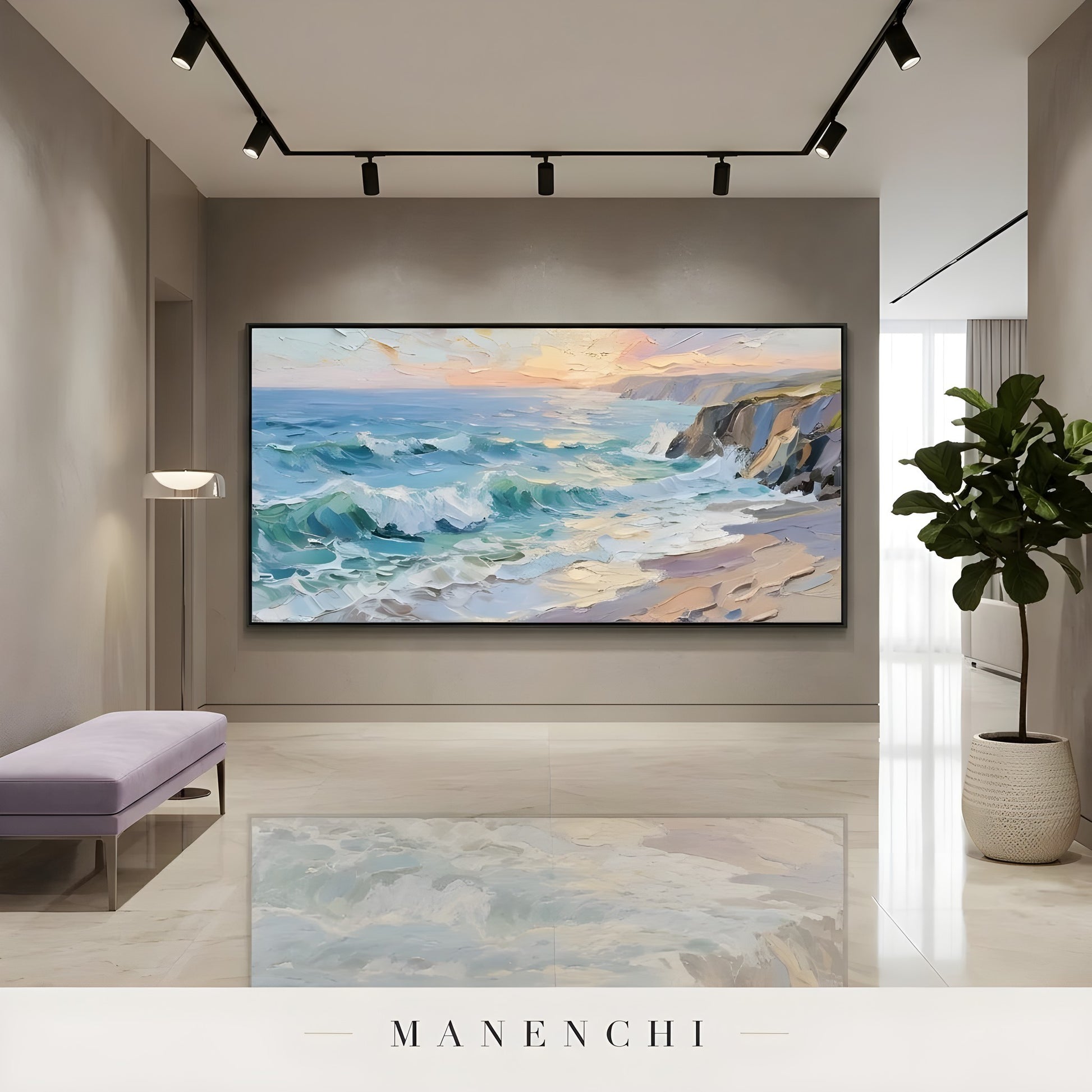 Azure Twilight Tide abstract painting displayed in modern hallway display