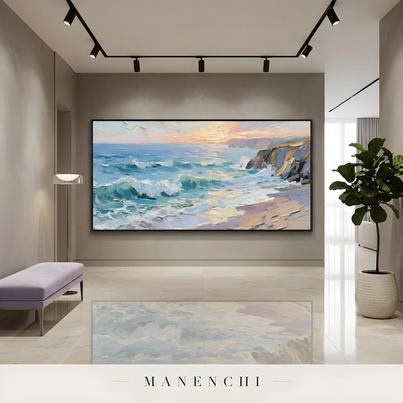 Azure Twilight Tide abstract painting displayed in modern hallway display