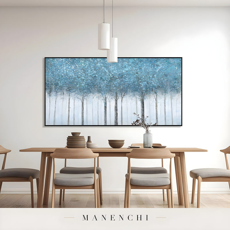 Azure Woodland Canopy abstract painting displayed in bright dining area