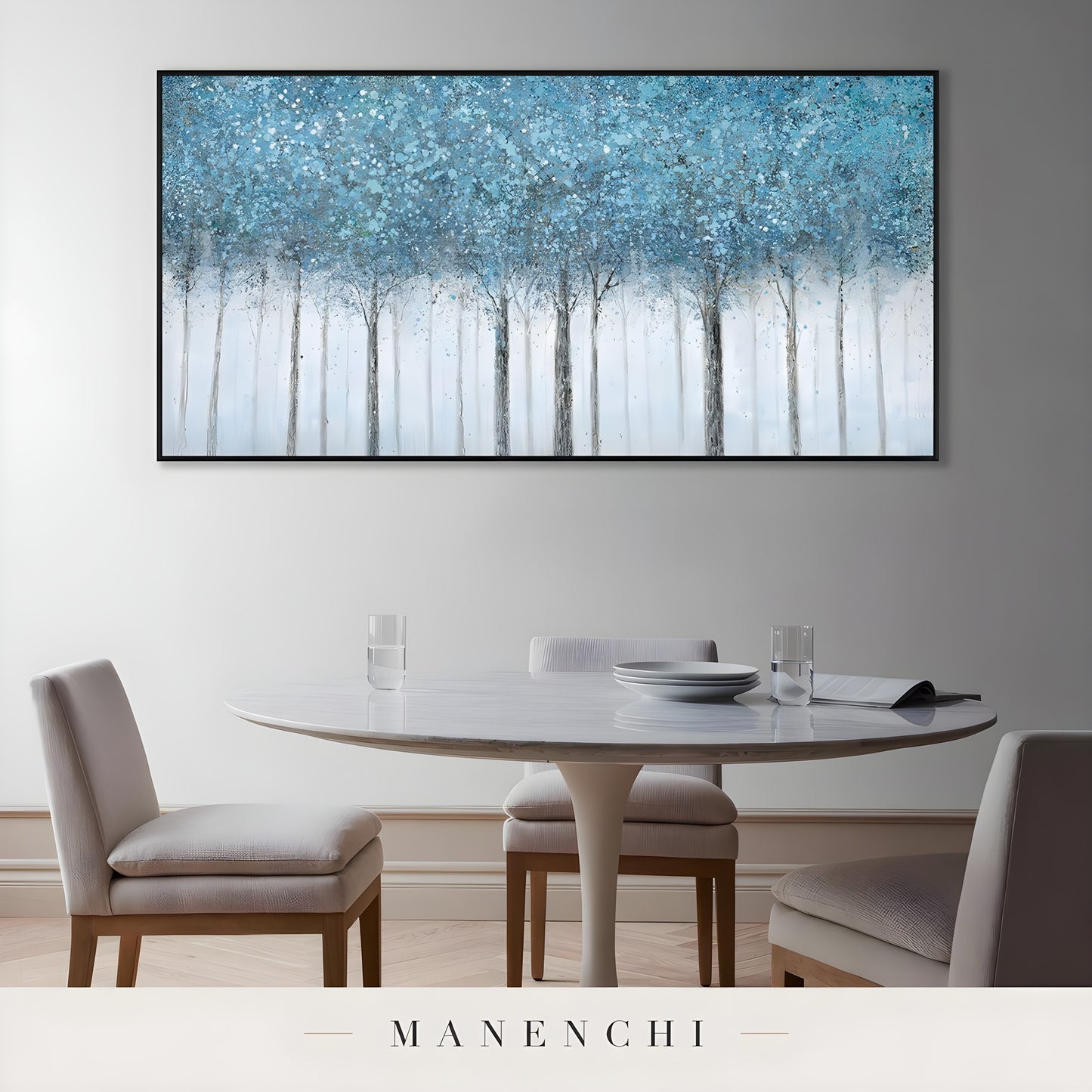 Azure Woodland Canopy abstract painting displayed in dining room table