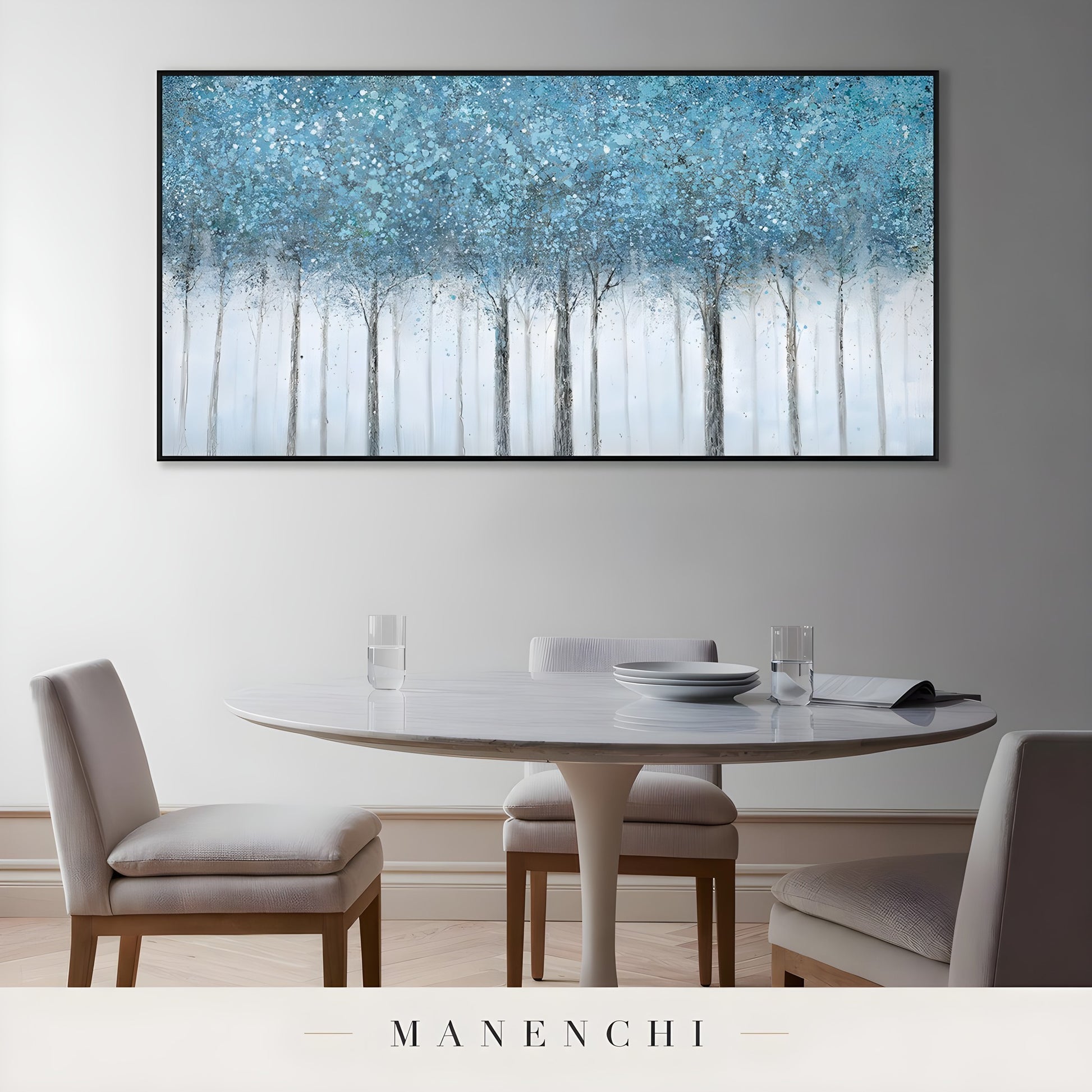 Azure Woodland Canopy abstract painting displayed in dining room table