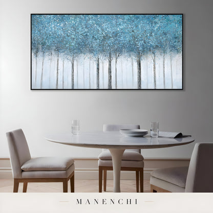 Azure Woodland Canopy abstract painting displayed in dining room table