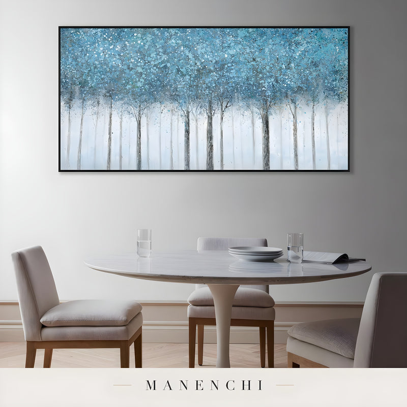 Azure Woodland Canopy abstract painting displayed in dining room table