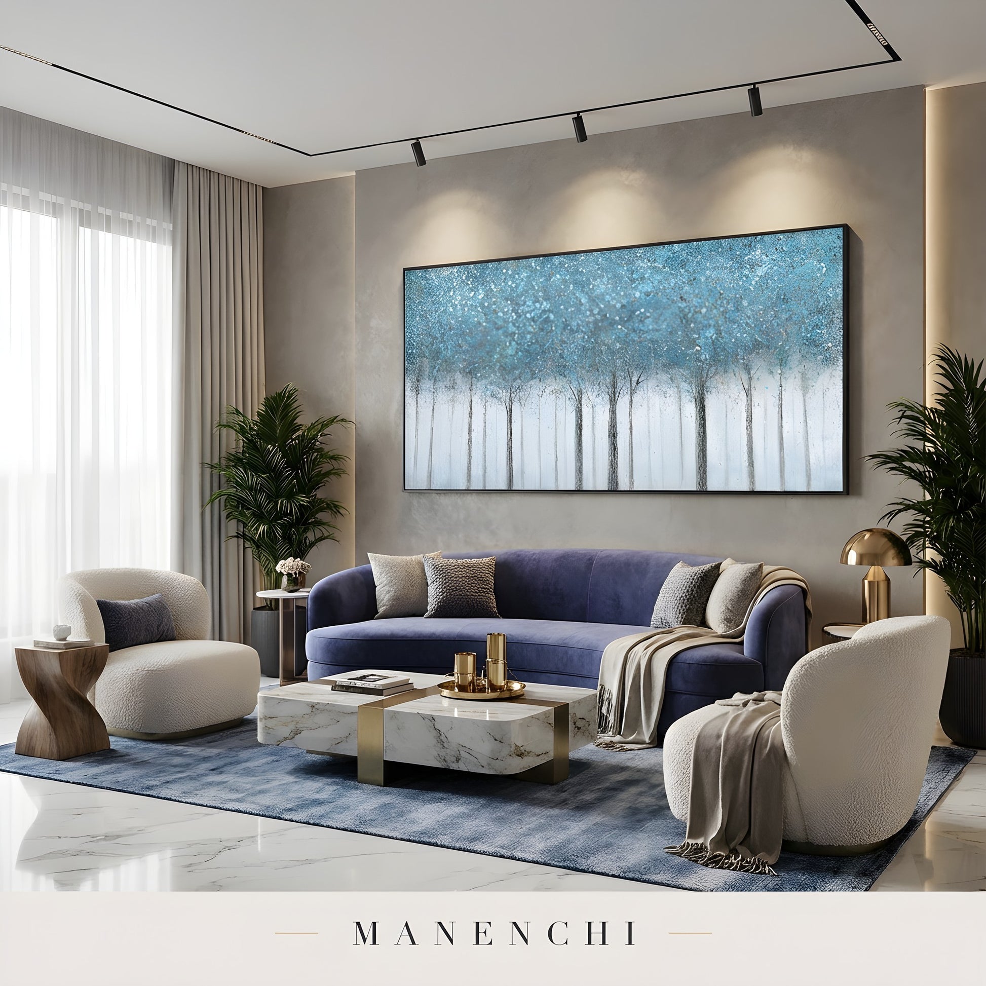 Azure Woodland Canopy abstract painting displayed in luxurious living room