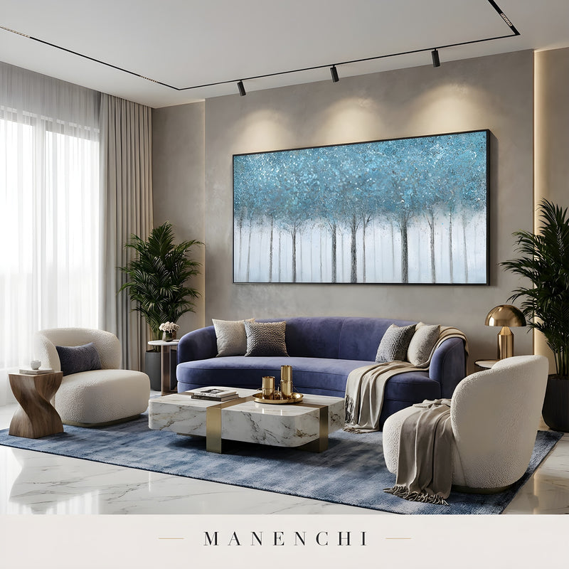Azure Woodland Canopy abstract painting displayed in luxurious living room