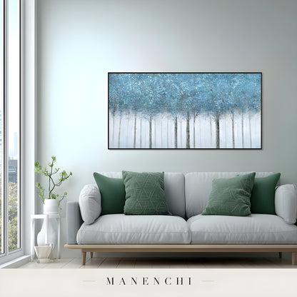 Azure Woodland Canopy abstract painting displayed in modern living room