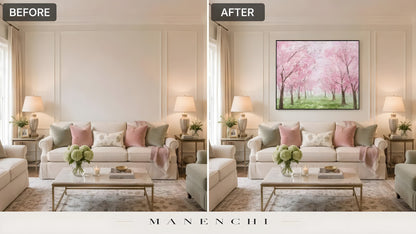 Blossom Canopy Reverie original hand-painted abstract painting, before and after in a styled room