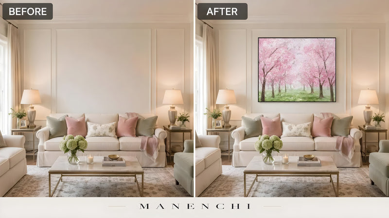 Blossom Canopy Reverie original hand-painted abstract painting, before and after in a styled room