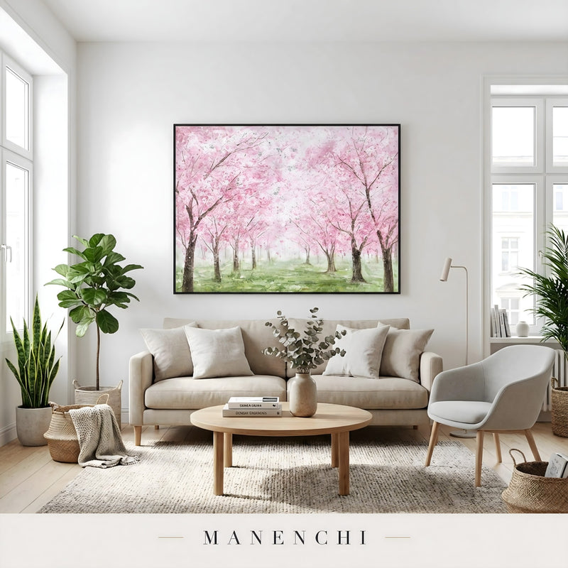 Blossom Canopy Reverie abstract painting displayed in living room art display