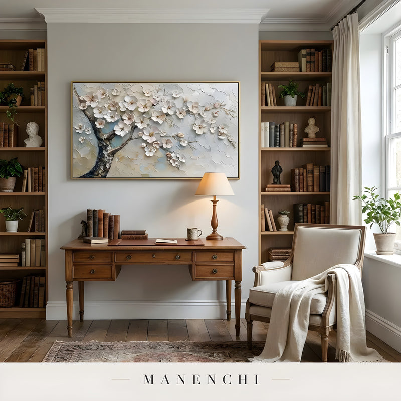 Blossom Gilded Drift abstract painting displayed in home office library