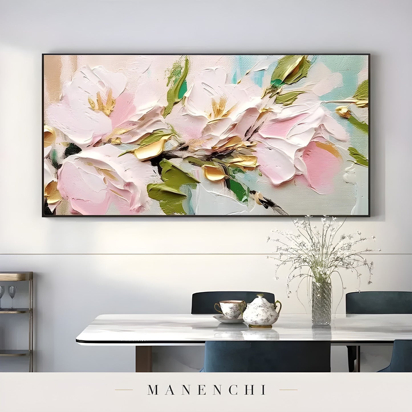 Blossom Gilded Reverie abstract painting displayed in dining table setting