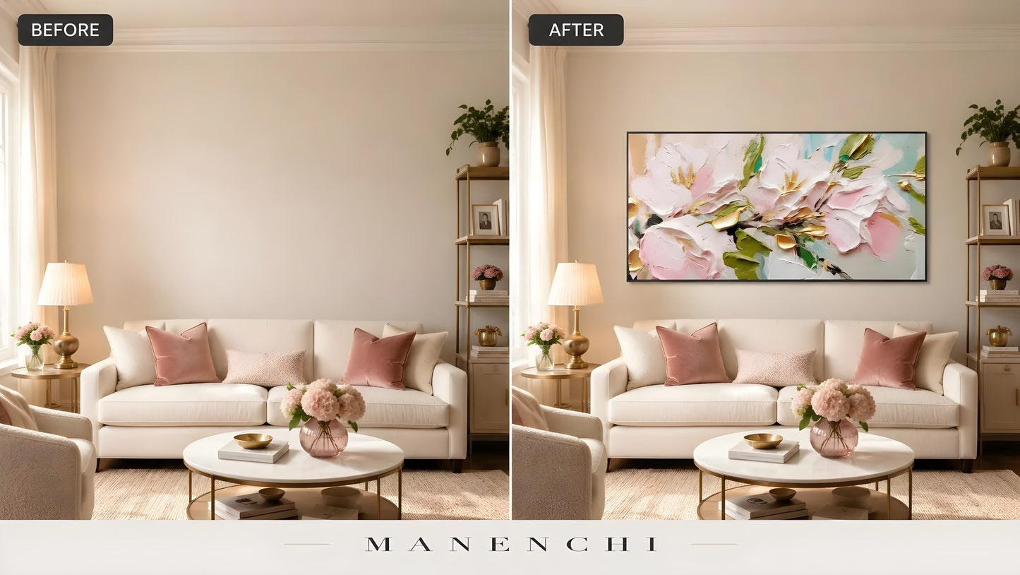 Blossom Gilded Reverie original hand-painted abstract painting, before and after in a styled room