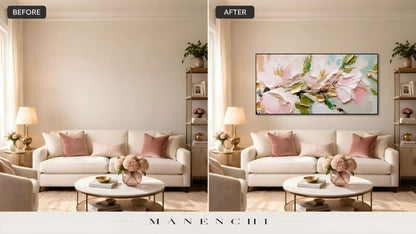 Blossom Gilded Reverie original hand-painted abstract painting, before and after in a styled room