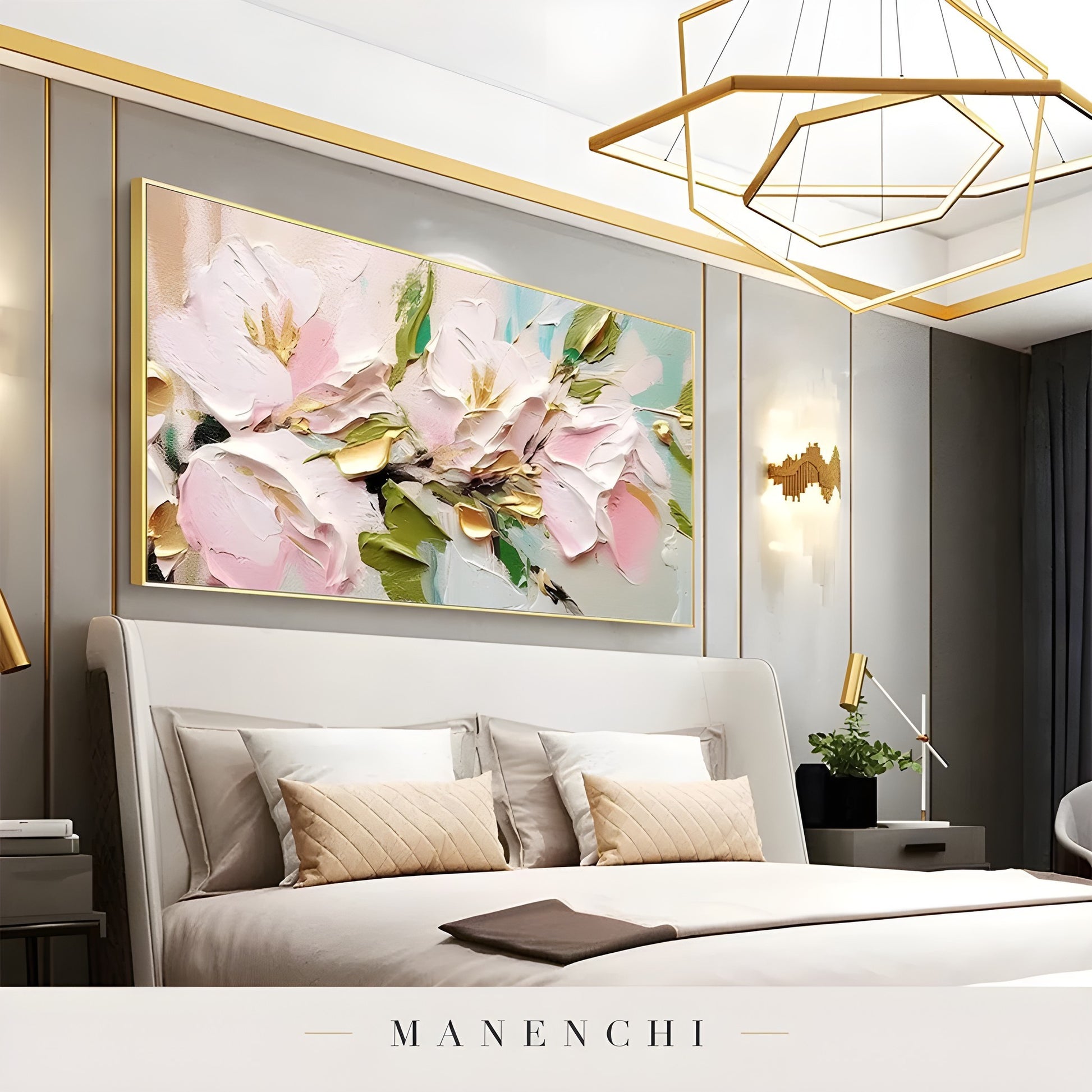 Blossom Gilded Reverie abstract painting displayed in luxury bedroom decor