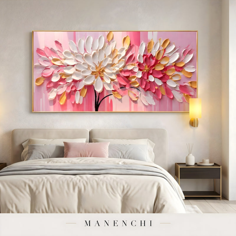 Blossom Gilded Splendor abstract painting displayed in bedroom wall art
