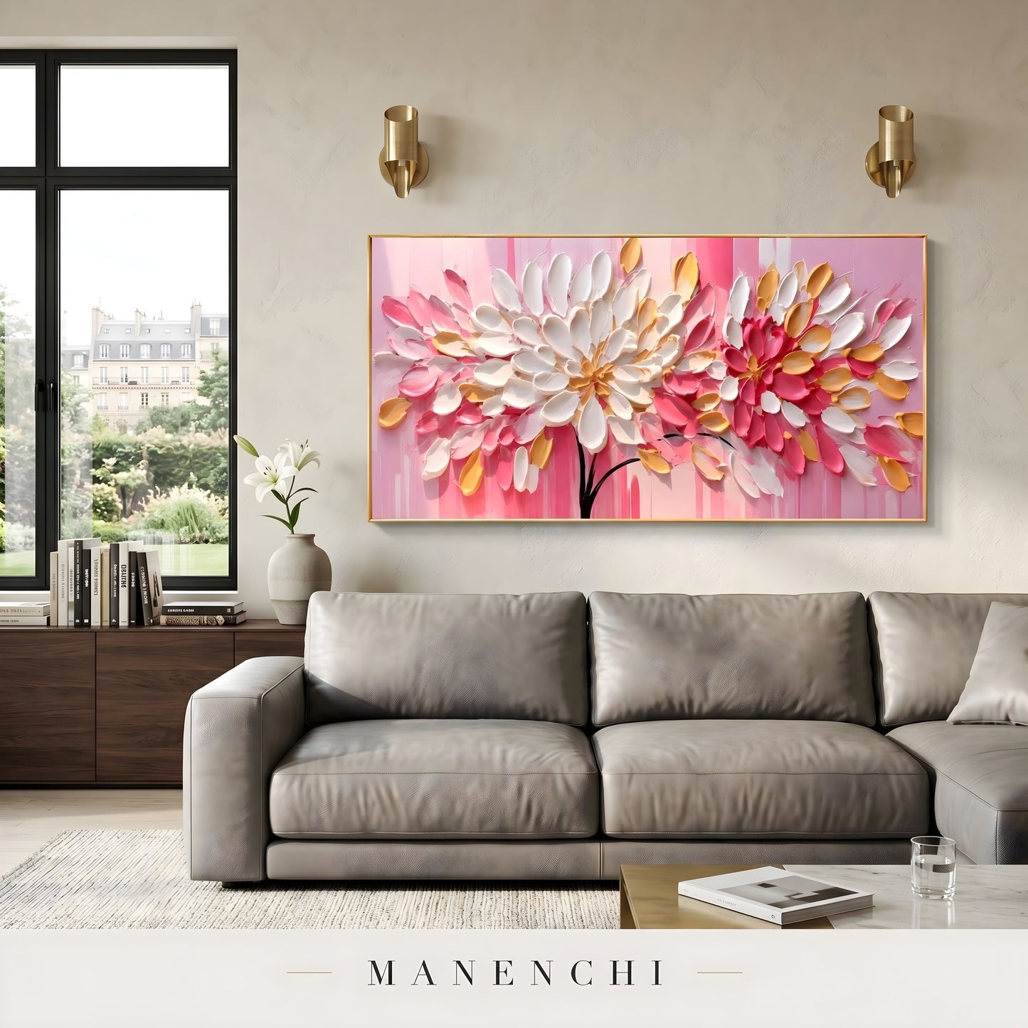Blossom Gilded Splendor abstract painting displayed in living room sofa decor
