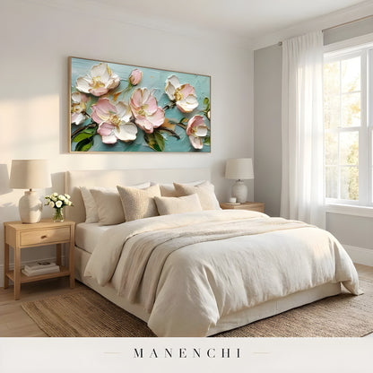 Blossom Serenity abstract painting displayed in bedroom above bed