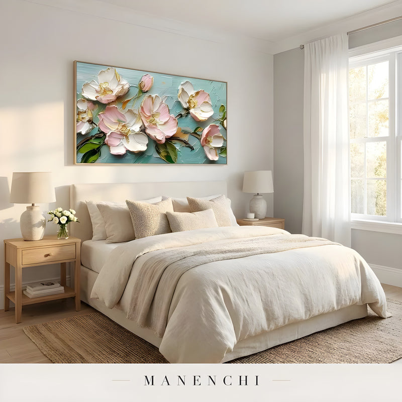 Blossom Serenity abstract painting displayed in bedroom above bed