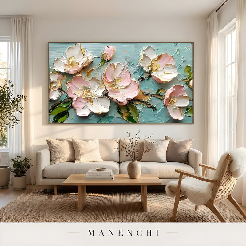 Blossom Serenity abstract painting displayed in bright living room sofa