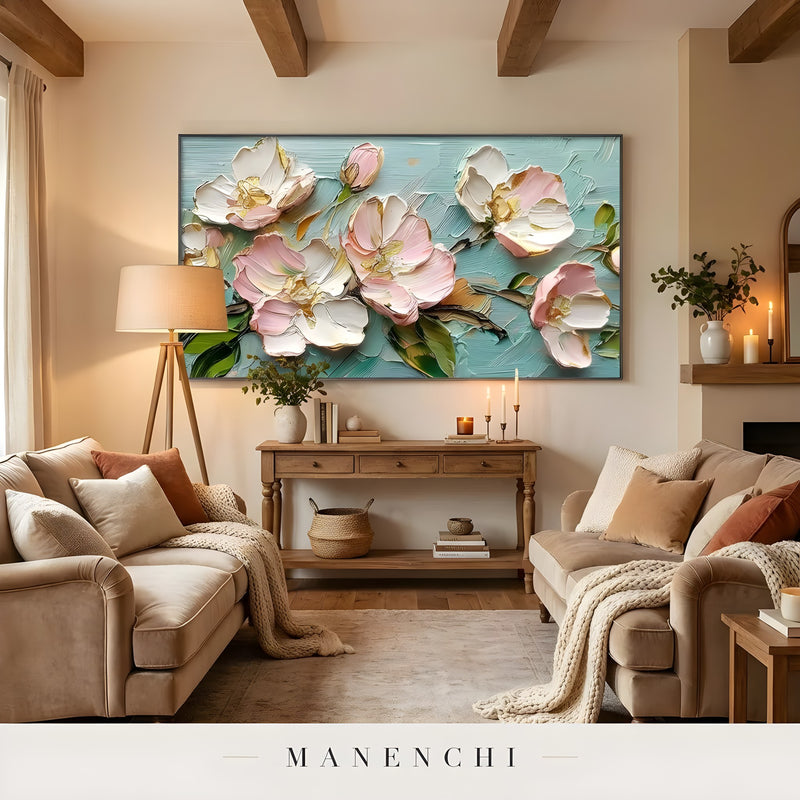 Blossom Serenity abstract painting displayed in cozy living room two sofas