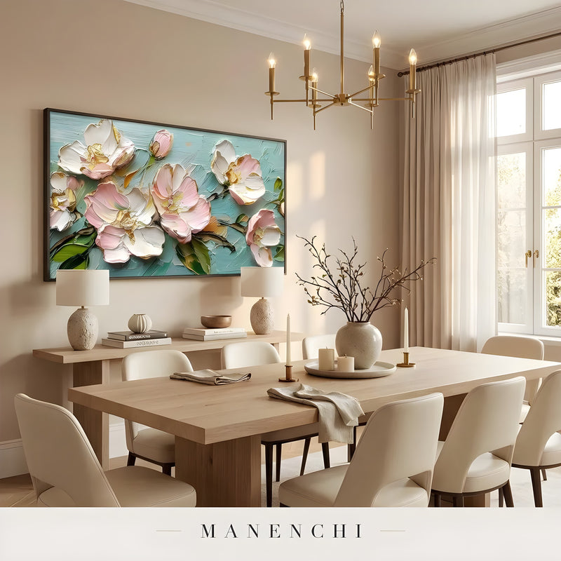 Blossom Serenity abstract painting displayed in dining room long table