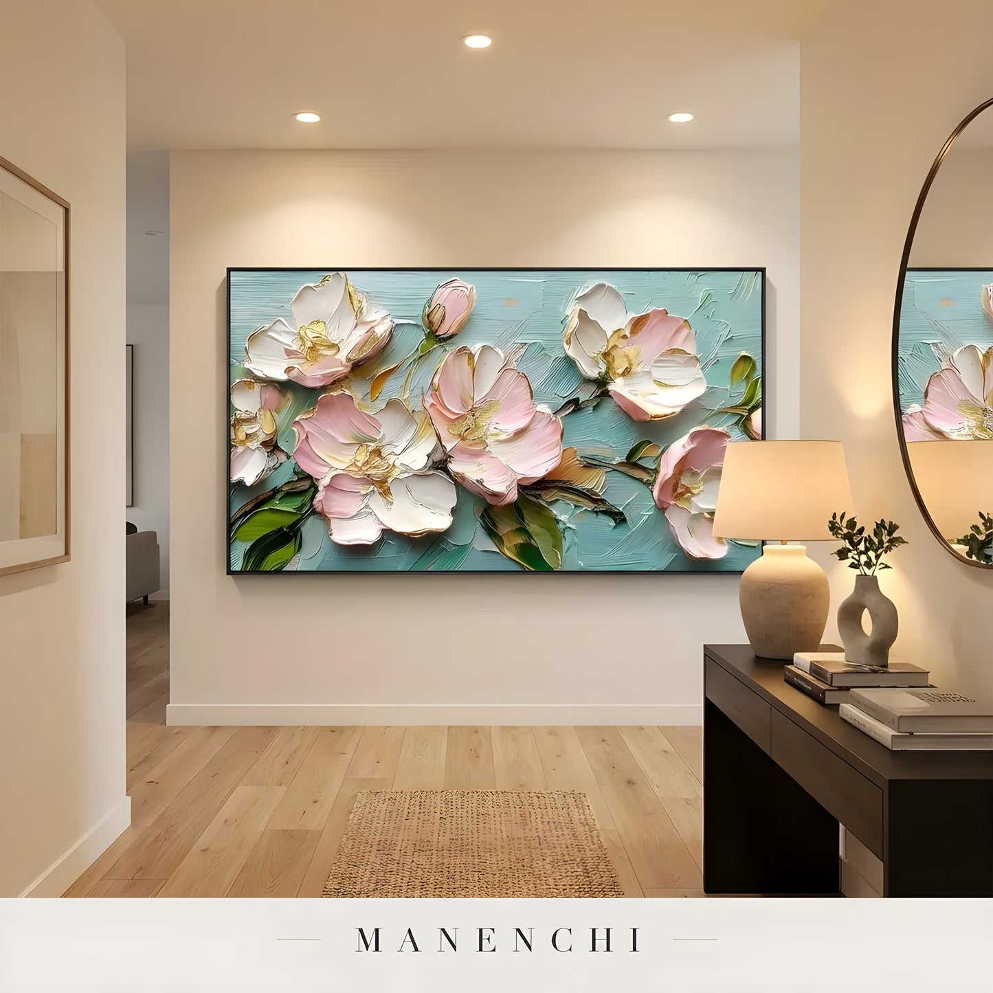 Blossom Serenity abstract painting displayed in hallway entryway console table