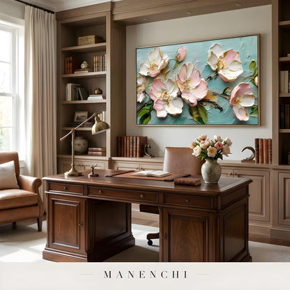 Blossom Serenity abstract painting displayed in home office wooden desk
