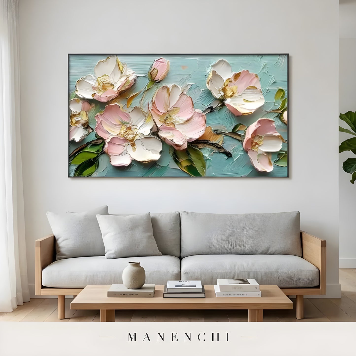 Blossom Serenity abstract painting displayed in minimalist living room sofa