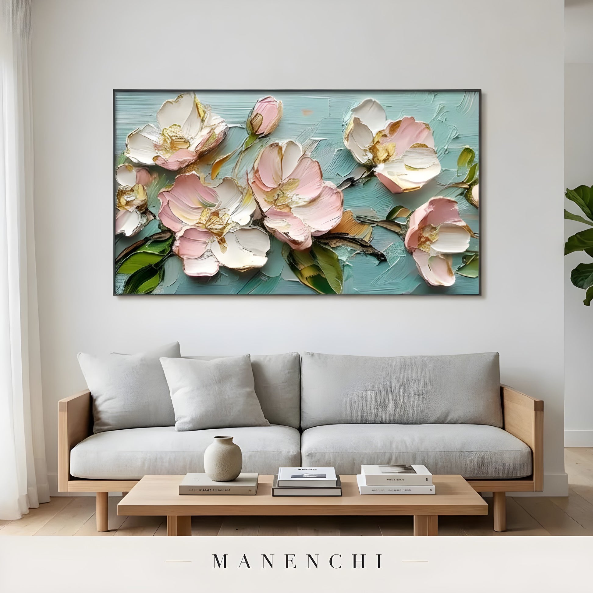 Blossom Serenity abstract painting displayed in minimalist living room sofa