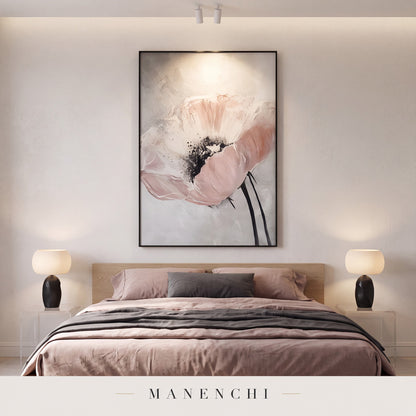 Blush Bloom abstract painting displayed in a modern bedroom