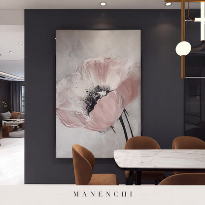 Blush Bloom abstract painting displayed in a dining room