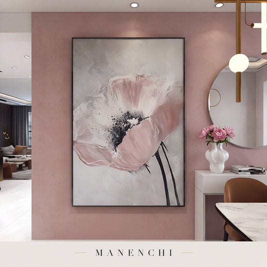 Blush Bloom abstract painting displayed in an entryway