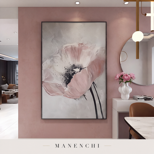 Blush Bloom abstract painting displayed in an entryway
