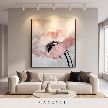 Blush Bloom abstract painting displayed in a modern living room
