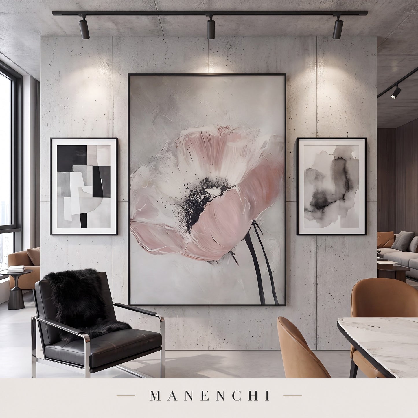 Blush Bloom abstract painting displayed in a loft