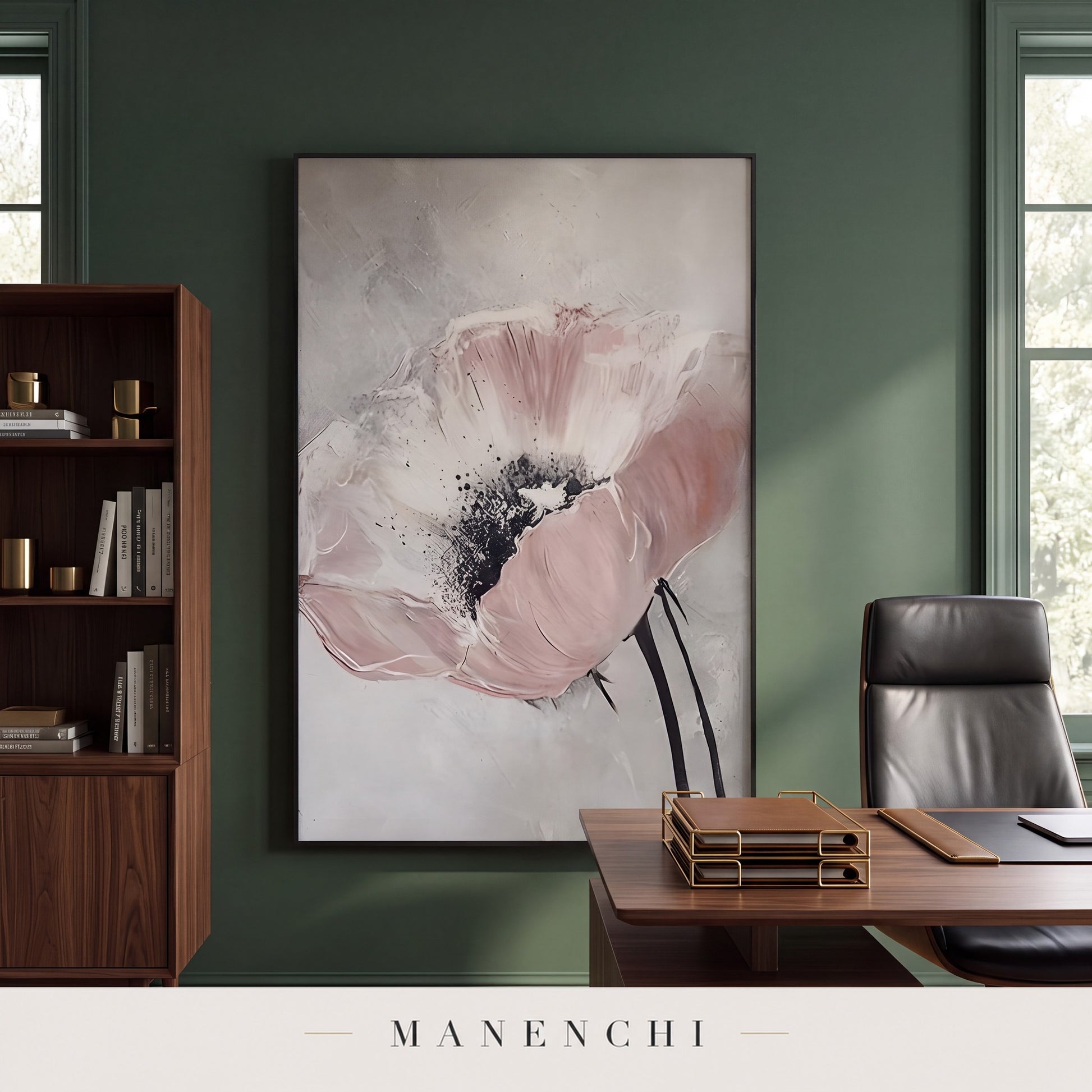 Blush Bloom abstract painting displayed in a study