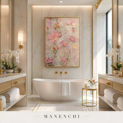 Blush Botanical Impression abstract painting displayed in bathroom wall art