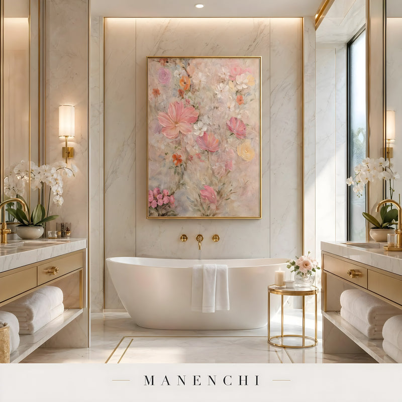 Blush Botanical Impression abstract painting displayed in bathroom wall art