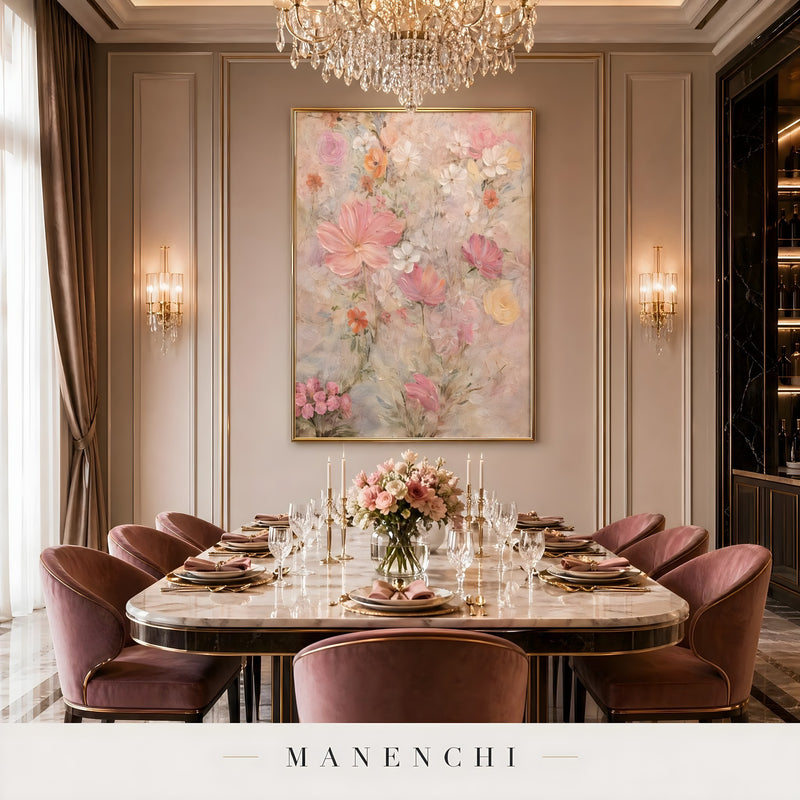 Blush Botanical Impression abstract painting displayed in dining room wall art