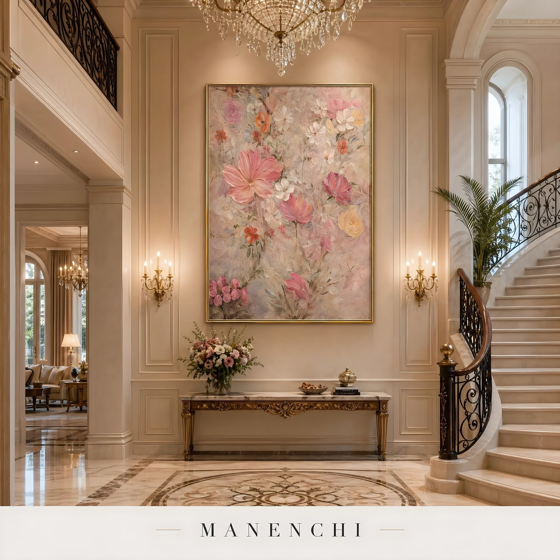 Blush Botanical Impression abstract painting displayed in elegant foyer decor