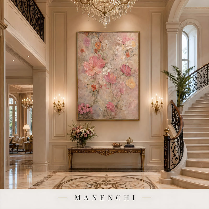 Blush Botanical Impression abstract painting displayed in elegant foyer decor
