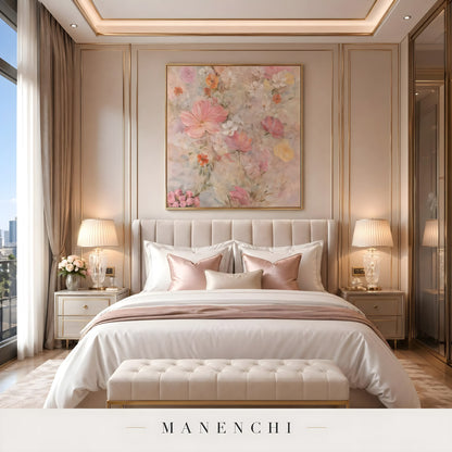 Blush Botanical Impression abstract painting displayed in luxury bedroom interior
