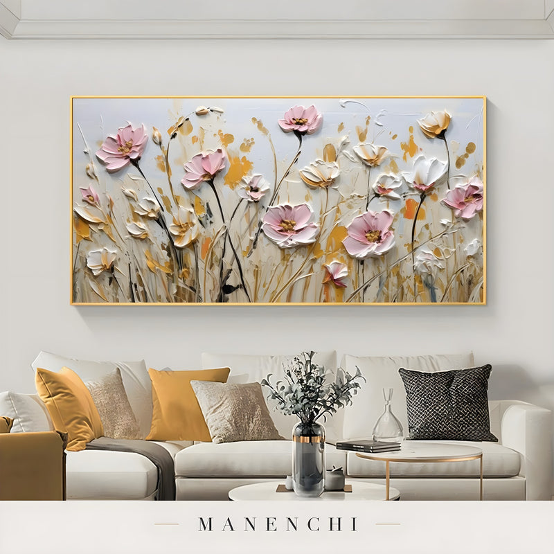 Blush Meadow Radiance abstract painting displayed in bright living room