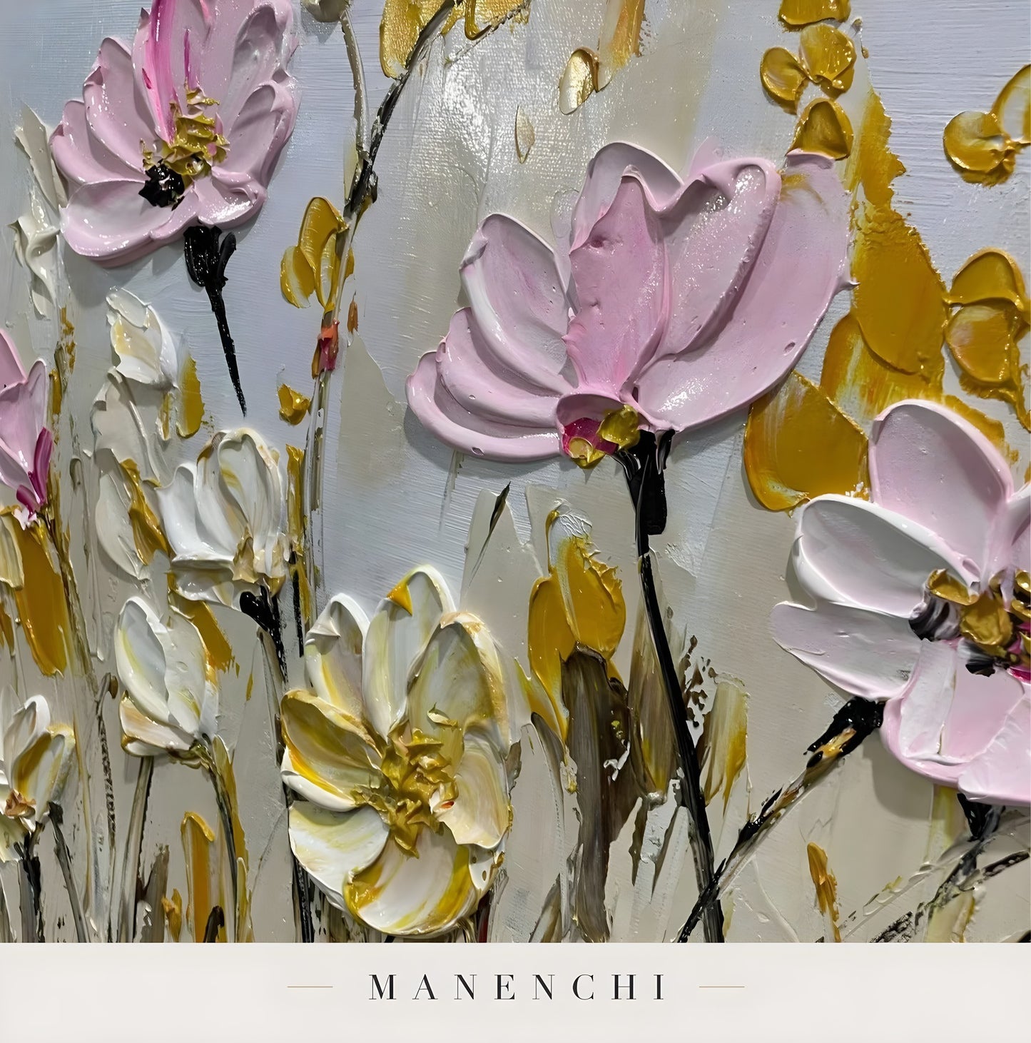 Close-up detail of the textured brushwork in Blush Meadow Radiance