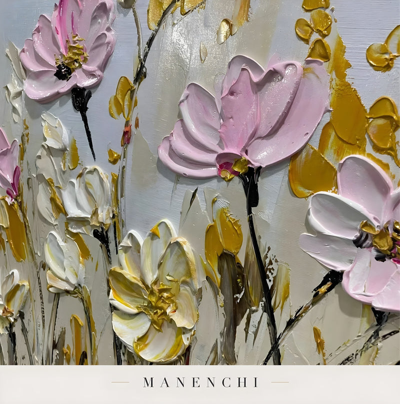 Close-up detail of the textured brushwork in Blush Meadow Radiance