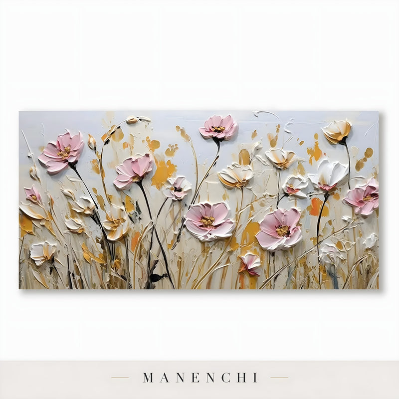 Close-up detail of the textured brushwork in Blush Meadow Radiance