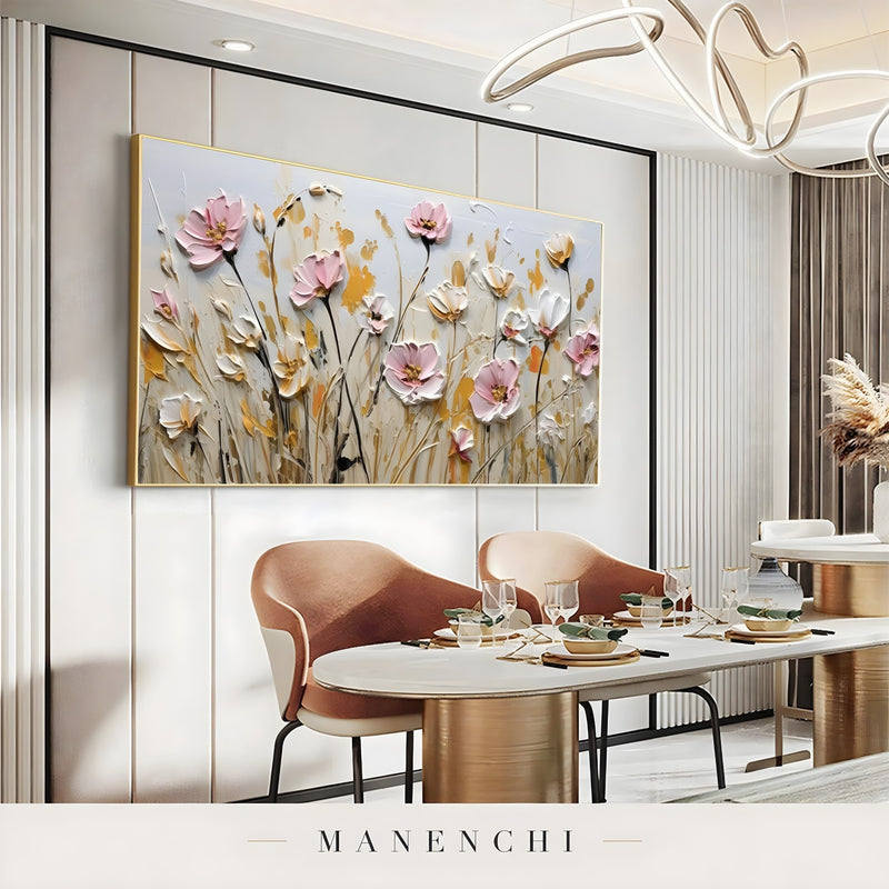 Blush Meadow Radiance abstract painting displayed in dining room interior