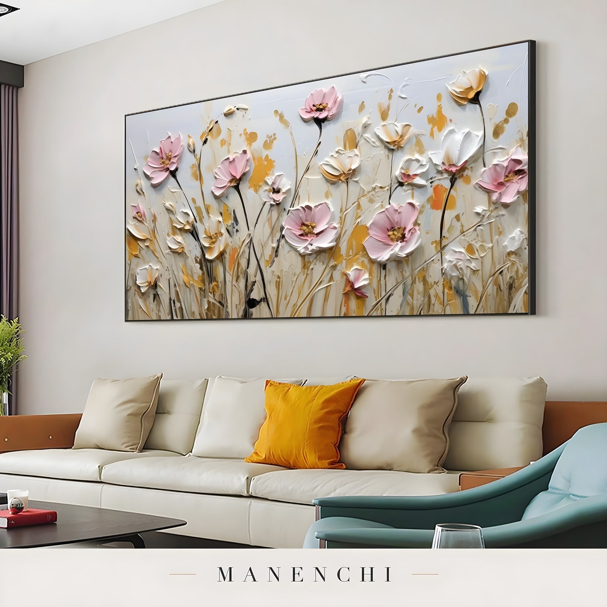 Blush Meadow Radiance abstract painting displayed in living room sofa